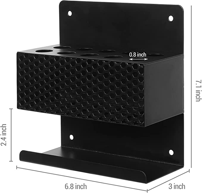 10 Slot Wall Mount Black Metal Dry Erase Marker Holder, Honeycomb Style Perforated Front Panel Office Rack-MyGift