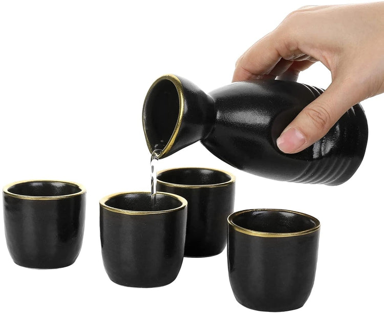 5 pc Japanese Oriental Style Black and Gold Rim Ceramic Sake Set with Serving Carafe Bottle and 4 Shot Cup Glasses-MyGift