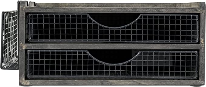 Weathered Gray Wood Desktop File Organizer Paper Tray with Black Metal Mesh Drawers & Side Mail Holder Basket-MyGift