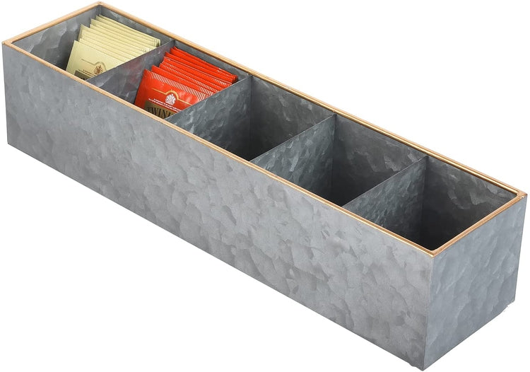 Metal Tea Box Organizer, 5 Compartment Rustic Galvanized and Copper Tone Tea Bag Storage Holder Caddy-MyGift