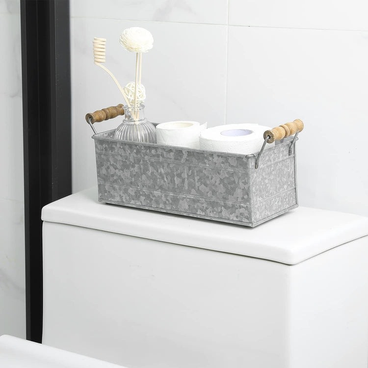 Galvanized Metal Rectangular Storage Basket with Wood Handles, Bathroom Toiletries Holder, Organizer Bin with BATH Label-MyGift