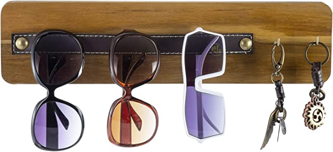 Acacia Wood Wall Mounted Sunglasses Display with Leatherette Strap Eyewear Hanging Rail and 2 Brass Metal Hooks-MyGift
