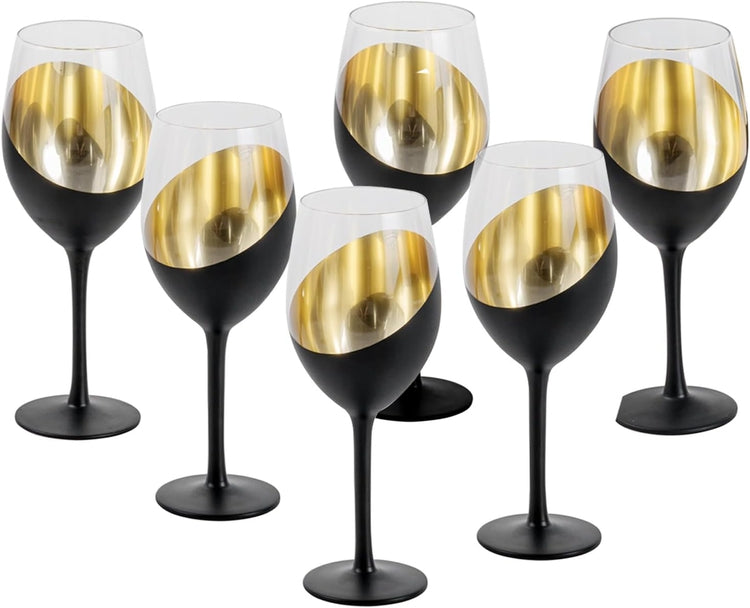 Matte Black and Gold Stemmed Wine Glasses, Elegant Angled Design Wine Glasses, Set of 6-MyGift
