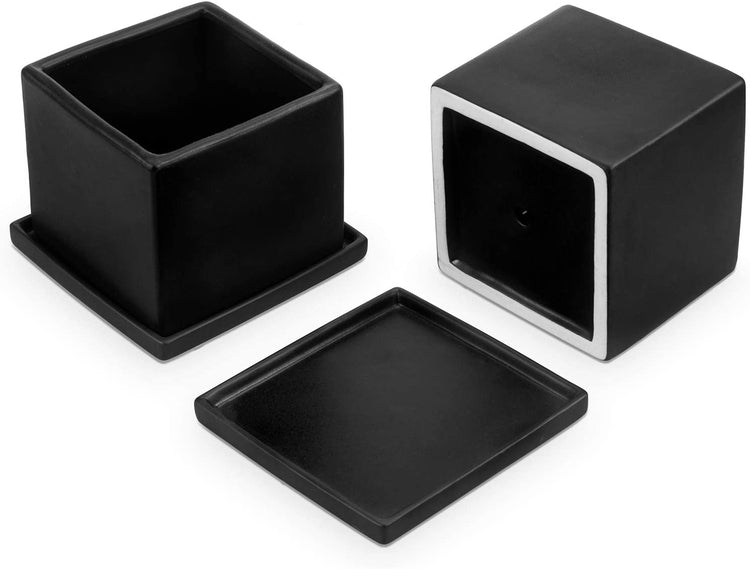 Set of 2, Matte Black Ceramic Square Planters with Removable Saucers-MyGift