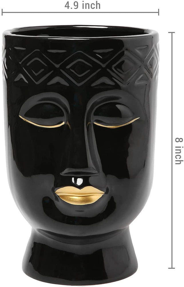 Modern Female Face and Gold Lips Ceramic Planter Pot, Flower Vase with Black Glazed Finish-MyGift