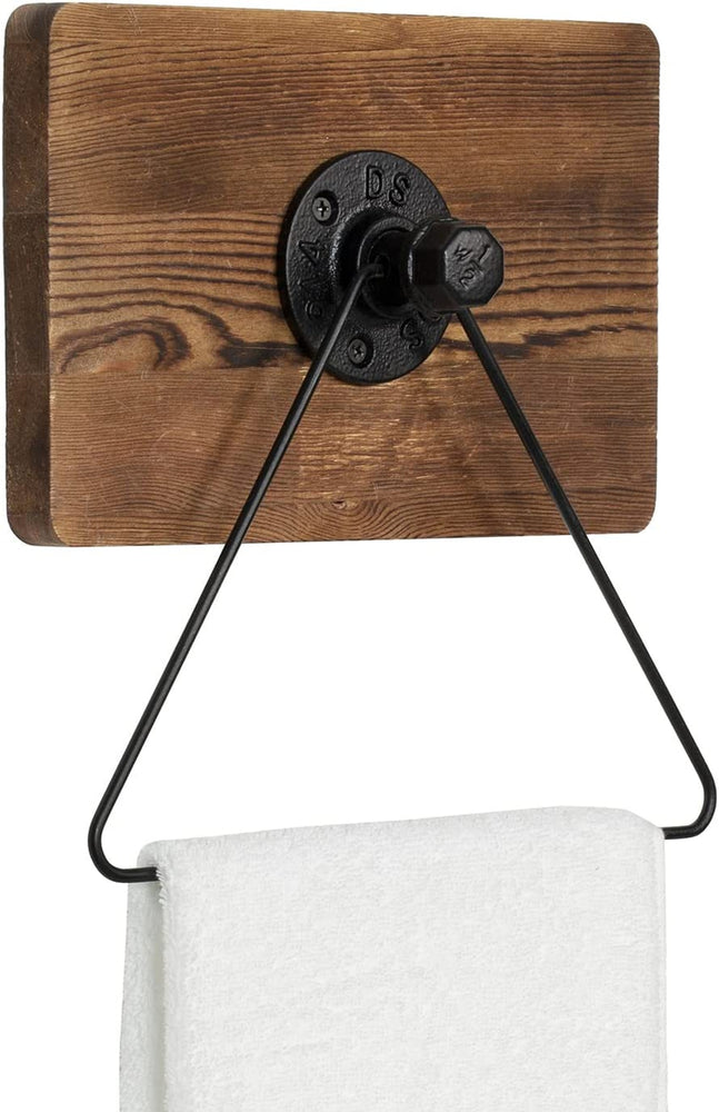 Burnt Brown Wood and Black Industrial Metal Pipe Triangular Bathroom Wall Hanger Rack Hand Towel Holder-MyGift