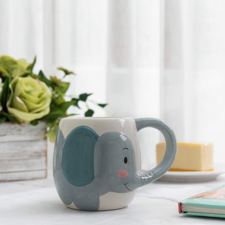 Cute Cartoon Gray Elephant Ceramic Mug with Trunk Handle, Animal Themed Drinkware Cup-MyGift