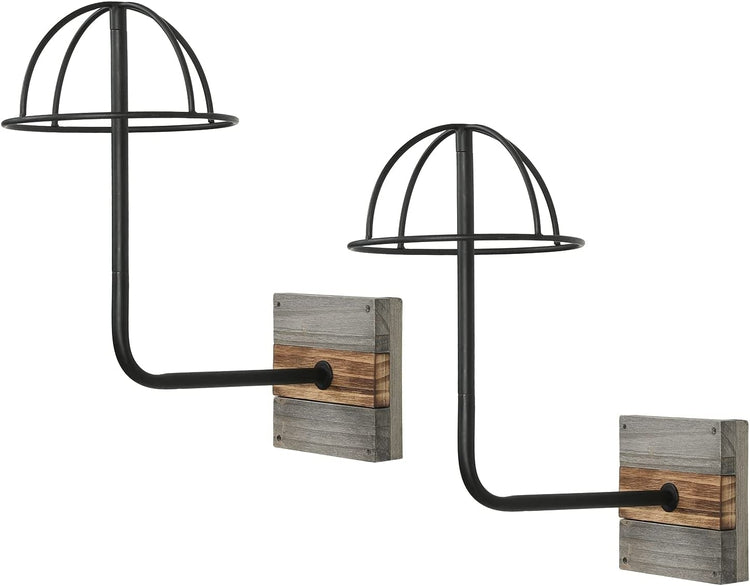 Set of 2, Black Metal Wall Mounted Hat Display Racks with Gray and Burnt Wood Base-MyGift