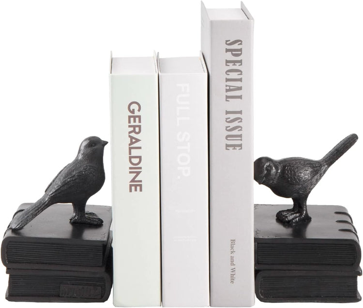 Bookends with Birds and Books, Matte Black Resin Book Supports, 1 Pair-MyGift