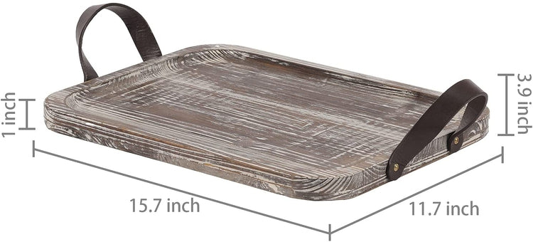 Rustic Torched Carved Wood Rectangular Display Serving Tray with Brown Leatherette Handles-MyGift