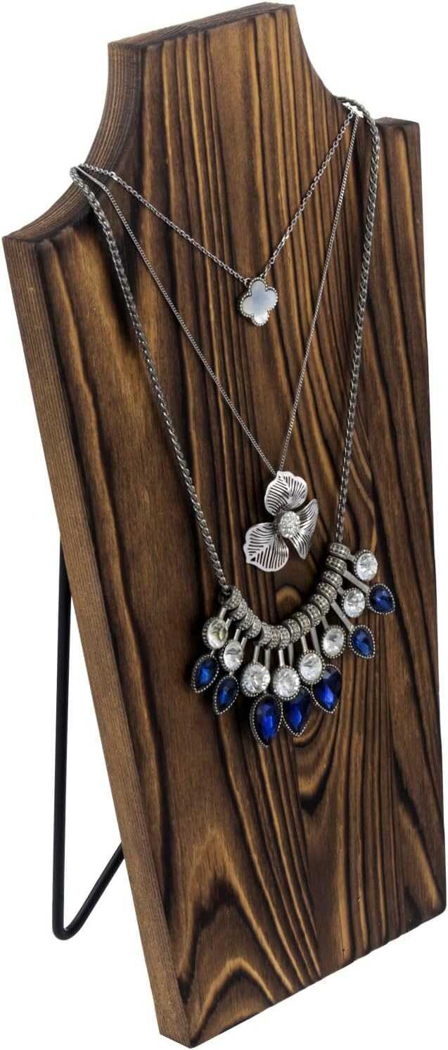 Burnt Wood Necklace Holder with Black Metal Wire Stand, Tabletop Neckline Cutout Jewelry Rack-MyGift