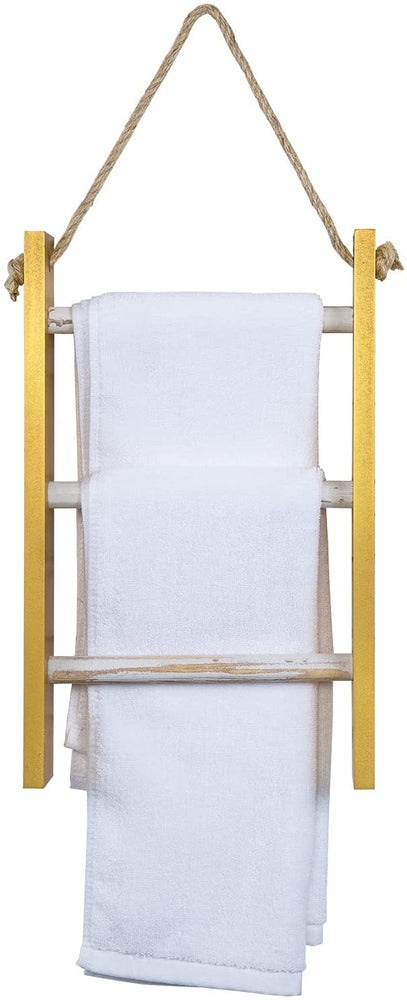 3 Tier Brass Tone and Whitewashed Wood Wall Hanging Hand Towel Storage Ladder with Rustic Rope-MyGift