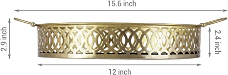 16 Inch Vintage Round Mirrored Brass Tone Metal Bathroom Vanity Tray-MyGift