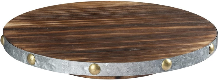 Round Rotating Serving Tray, Burnt Wood and Galvanized Metal Lazy Susan Turntable with Brass Tone Studs-MyGift