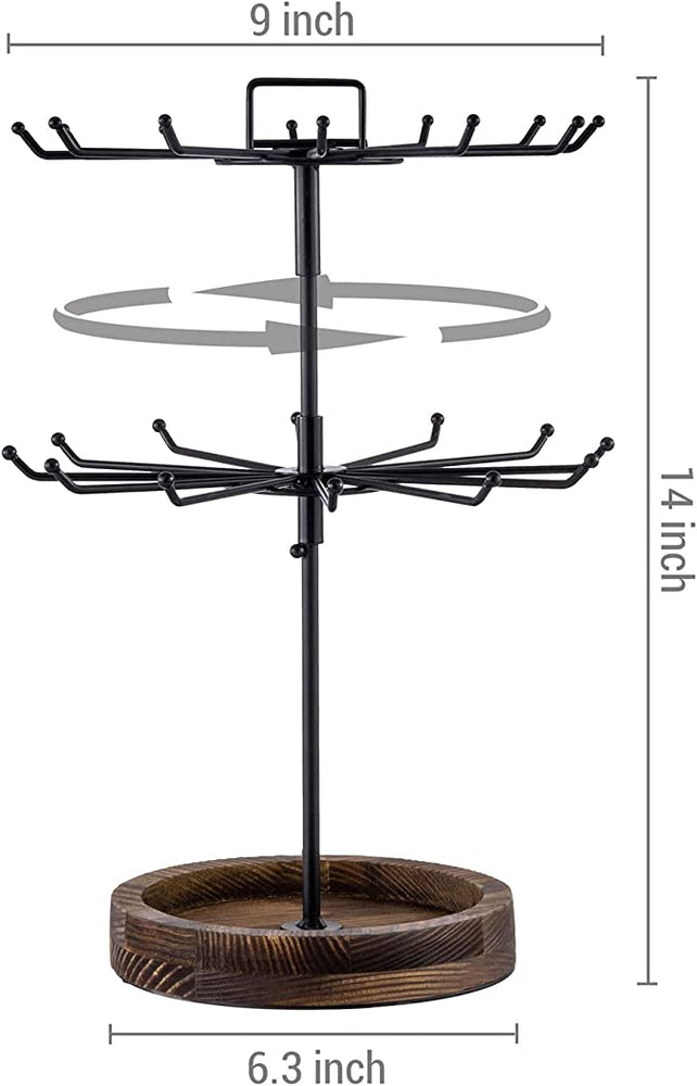 Black Metal & Burnt Wood Base Rotating 2 Tier Jewelry Tree Organizer with 24 Hooks & Top Handle Card Holder-MyGift