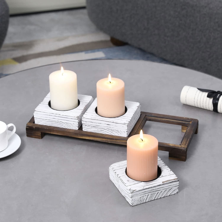 4 Piece, Candle Centerpiece with Whitewashed Wood and Matte Black Metal Pillar Candleholder Set with Burnt Wood Tray-MyGift
