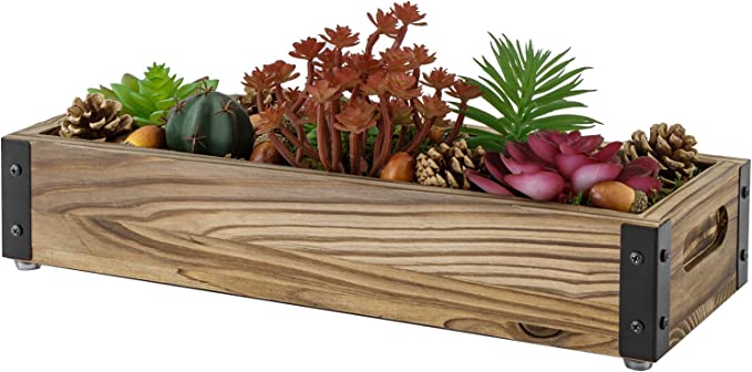 Brown Wood & Black Metal Tabletop Window Box Planter with Cutout Handles, Includes Artificial Succulents, Pine Cones, Acorns, and Moss-MyGift