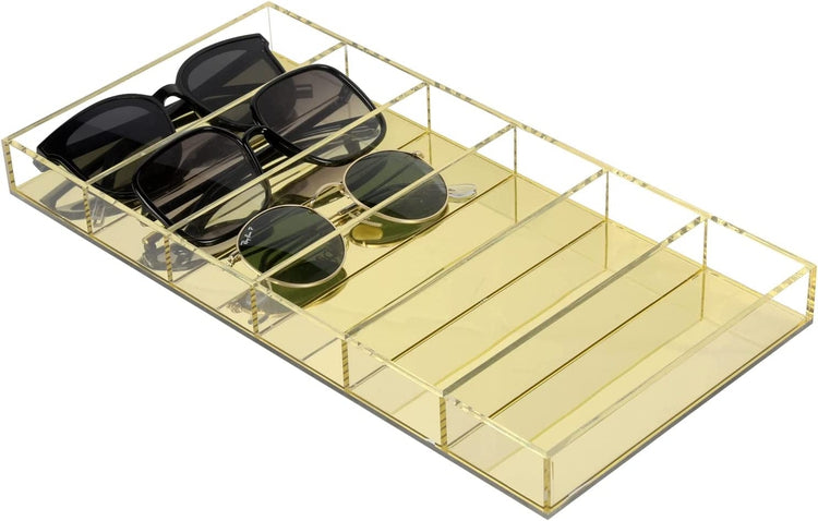 Acrylic Sunglass Storage Tray with Brass Tone Reflective Mirror Base, Tabletop Eye Glasses Holder Organizer Case Display-MyGift