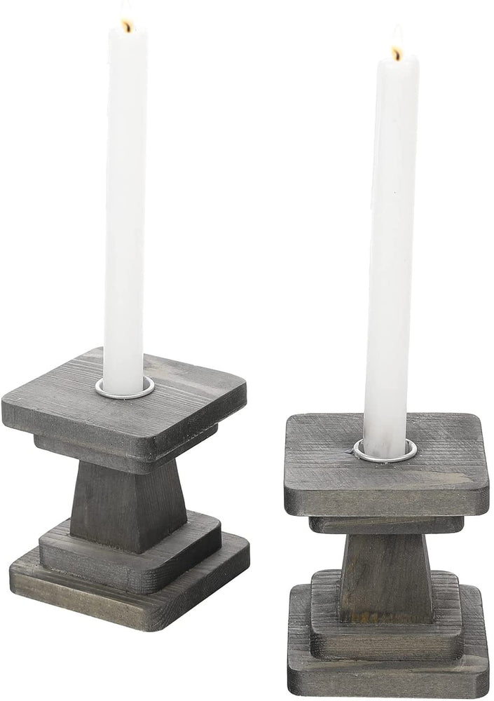 Set of 2, Decorative Candlestick Holder, Gray Wood Square Tabletop Pedestal Style Taper Candle Stands-MyGift