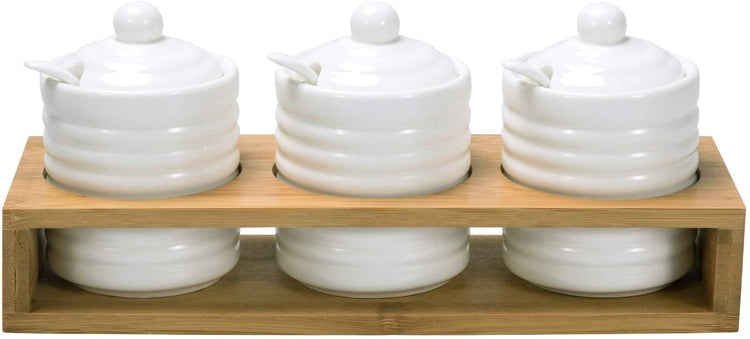 Set of 3 Modern White Ribbed Ceramic Condiment Spice Storage Jars with Lids, Spoons and Natural Bamboo Tray-MyGift