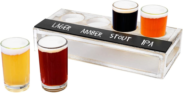 Whitewashed Solid Wood Beer Flight Holder Sampler Tasting Tray Serving Set with 4 Glasses and Erasable Chalkboard Label-MyGift