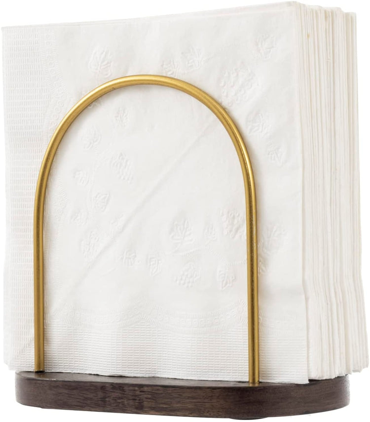 Mango Wood and Brass Tone Curved Metal Wire Paper Napkin Holder, Dining Table Upright Serviette Dispenser Rack-MyGift