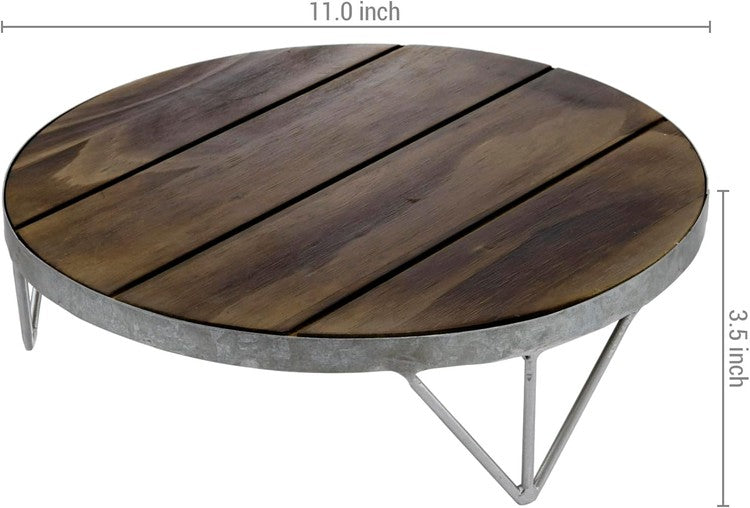12 Inch Round Brown Wood Cake Stand Dessert Cupcake Holder with Galvanized Metal Frame, Bakery and Party Display Riser-MyGift