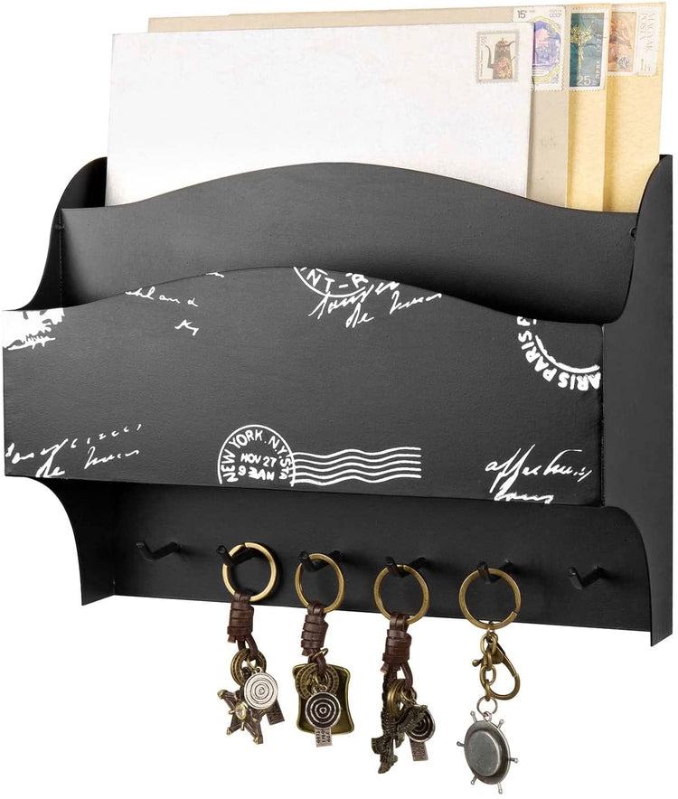 2 Compartment Wall Mounted Mail Sorter, Hanging Black Metal Postcard Design Letter Organizer with 6 Key Holder Hooks-MyGift