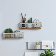 Set of 2, Wall Mounted or Tabletop Modern Brass Metal Wire and Burnt Wood Small Decorative Storage Baskets with Handles-MyGift