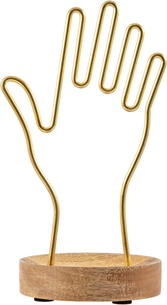 Brass-Tone Metal Hand-Shaped Jewelry Holder Stand with Acacia Wood Ring Tray, Wire Jewelry Tree-MyGift