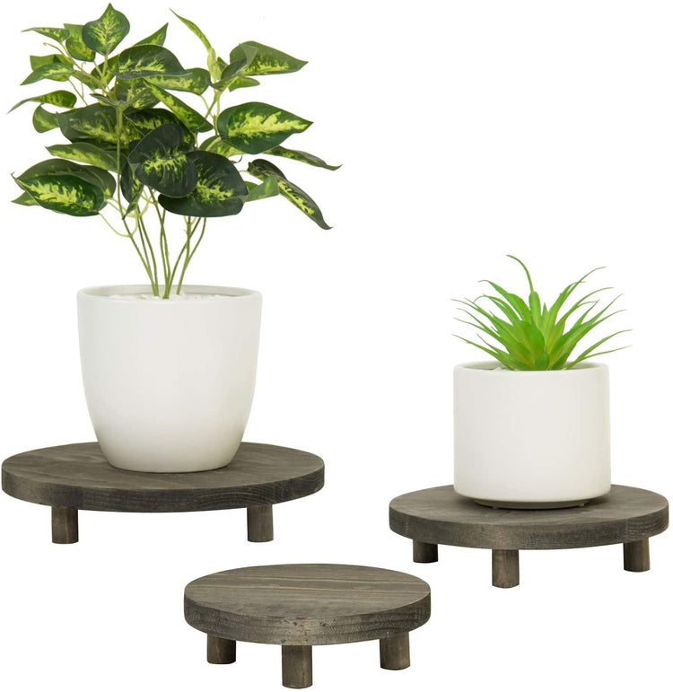 Set of 3 Vintage Gray Solid Wood Potted Plant Riser Display Stands-MyGift
