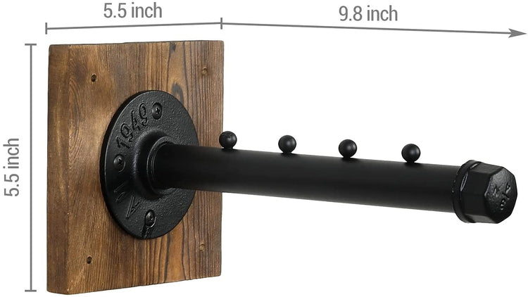Wall Mounted Garment Hanger, Industrial Style Burnt Wood and Black Metal Pipe 4-Slot Clothing Wall Rack, Valet Bar-MyGift