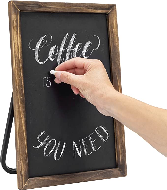 14 Inch Burnt Wood Frame and Black Metal Standing Chalkboard Countertop Sign-MyGift