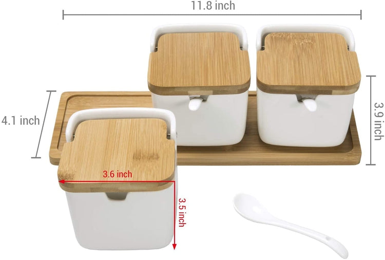 Modern White Ceramic 3 Spice Bowls with Serving Spoons, Bamboo Lids, Tray, and Labels-MyGift