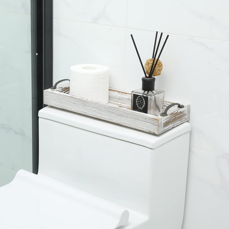 16-inch Whitewashed Wood Rectangular Toilet Tank Top Storage Tray, Bathroom Vanity Tray with Vintage Brass Metal Handles-MyGift