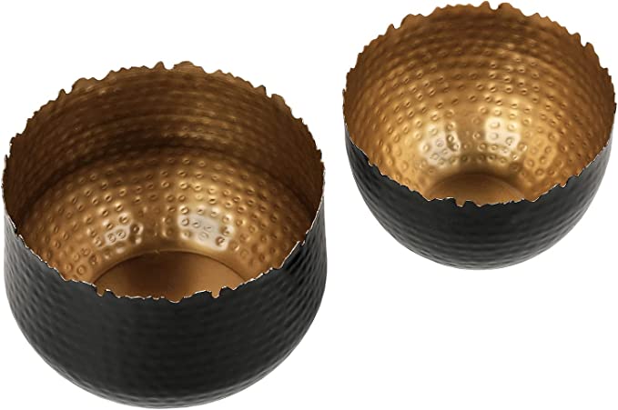 Matte Black Metal Plant Pot with Jagged Live Edge & Hammered Design, Round Planter Bowl with Gold Interior, 2 Piece Set-MyGift