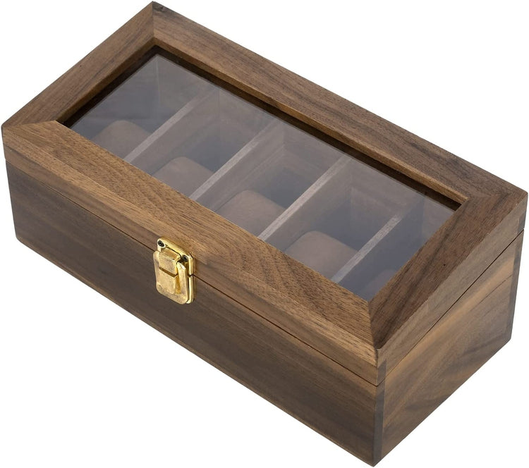 Walnut Wood Wristwatch Storage Box, Tabletop Watch Display Case with Clear Acrylic Lid and Removable Brown Velvet Pads-MyGift