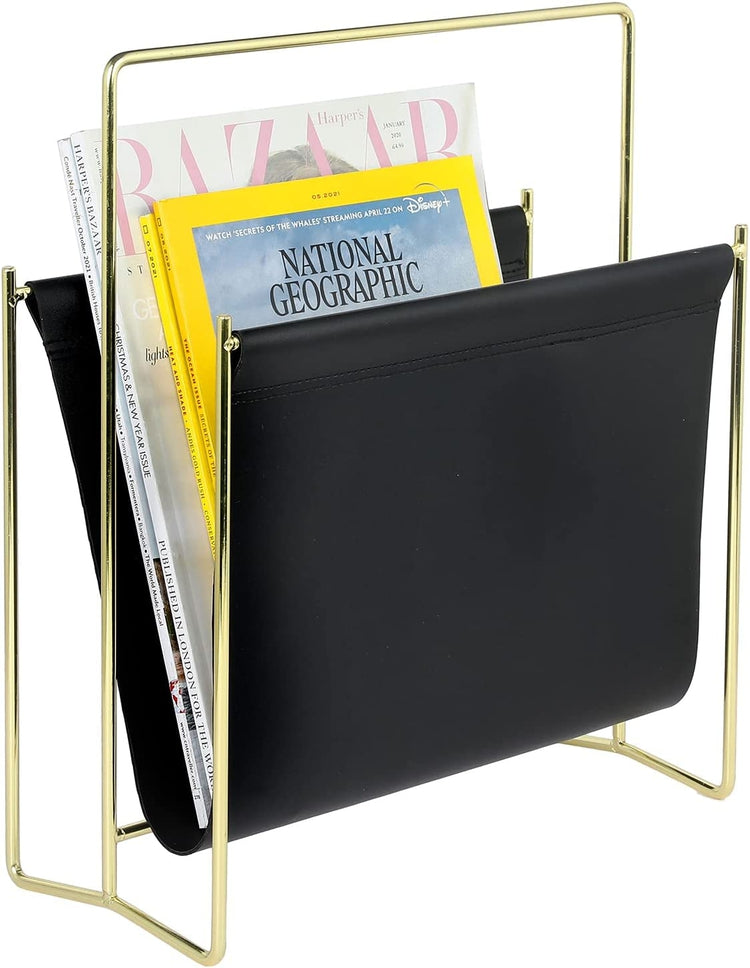 Brass Plated Wire and Black Leatherette Sling Rack, Freestanding Magazine Holder-MyGift