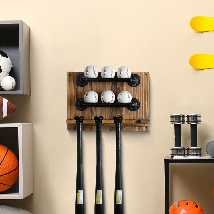 Wall Mounted Baseball and Bat Display Rack with Burnt Wood and 2-Tier Industrial Black Metal Pipe Storage Rails-MyGift