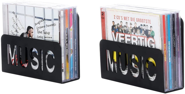 Set of 2, Wall Mounted Matte Black Metal CD Holder Rack, Hanging Media Jewel Case Organizer with Cut Out MUSIC Design-MyGift