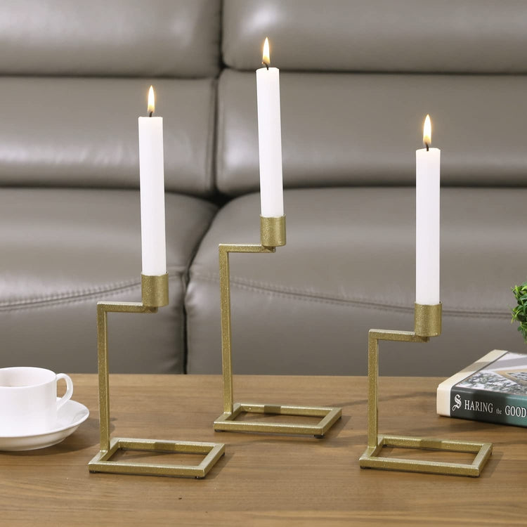 Set of 3, Decorative Candlestick Holders, Brass Tone Metal Tabletop Tiered Taper Candle Stands-MyGift