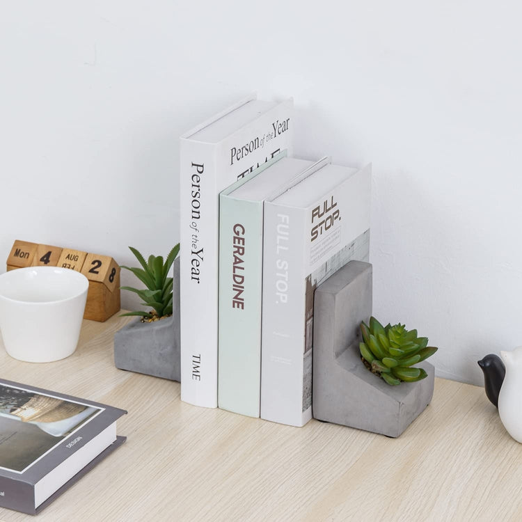 L-Shaped Concrete Bookends with Artificial Succulent Plants, Desktop Heavy Duty Book Stands-MyGift