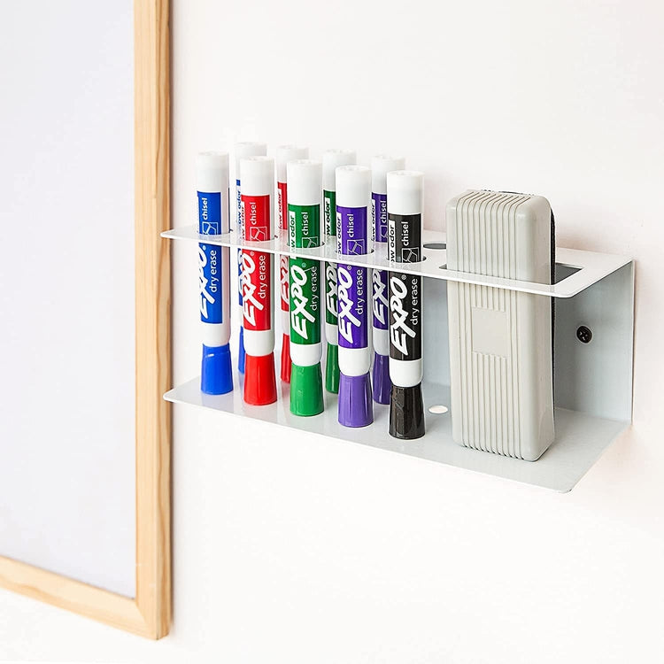 Set of 2, 10 Slot White Metal Wall Mounted Whiteboard Marker and Eraser Supplies Holder Rack-MyGift