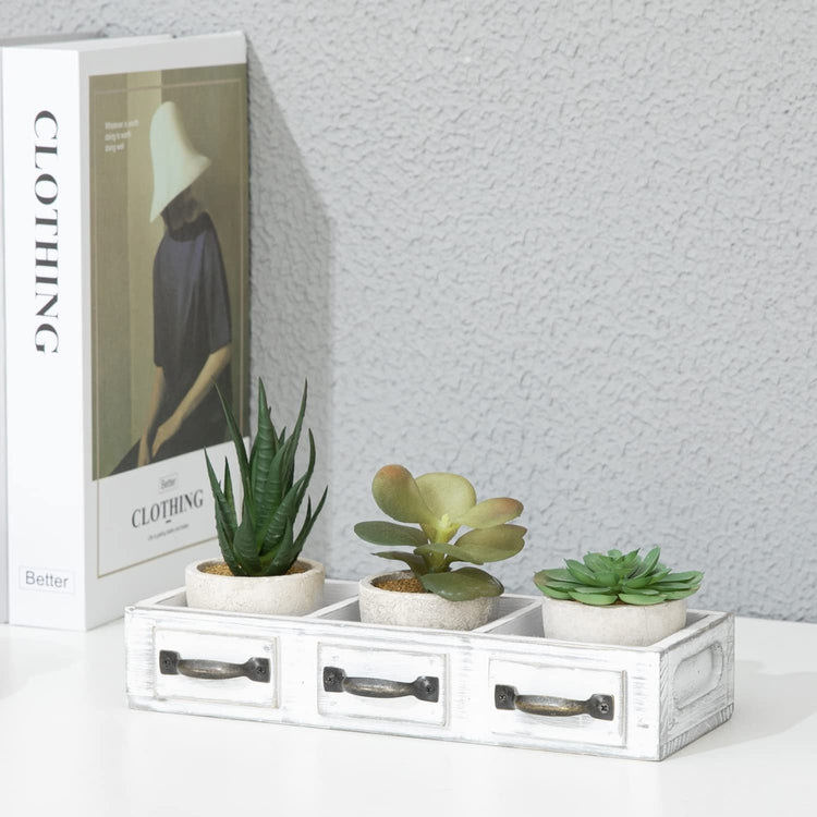 4 Piece Artificial Plants, 3 Mini Faux Succulent Plants in Round Concrete Style Pots with White Wood Drawer Planter Box-MyGift