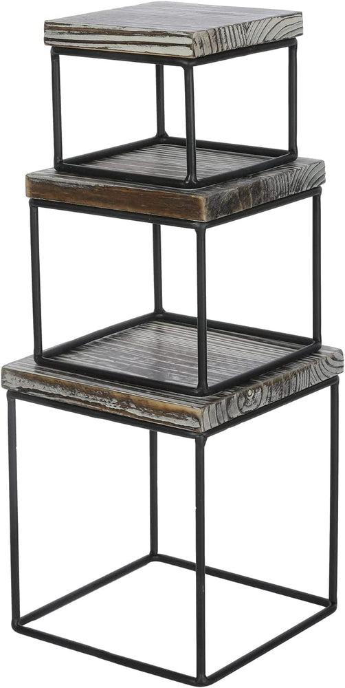 Set of 3, Torched Wood and Black Metal Square Cupcake Stands, Food Dessert Display Risers, Retail Merchandise Stands-MyGift