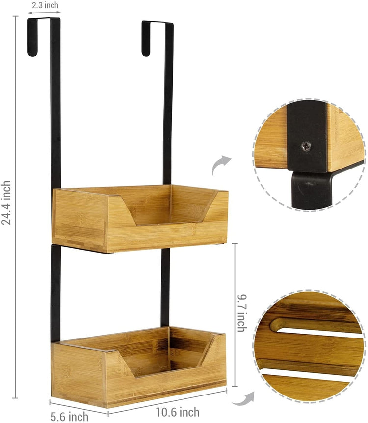 2-Tier Bamboo Over-the-Door Hanging Wall Organizer, Bathroom Accessories Toiletries Storage Caddy with Black Metal Frame-MyGift
