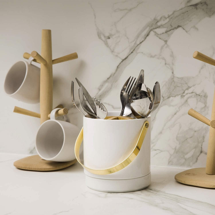 4 Compartment Modern White Ceramic Dining Utensil Caddy with Brass Carrying Handle-MyGift