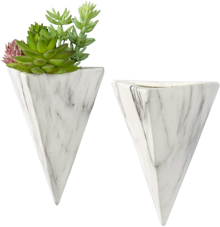 Set of 2, Triangle Hanging Planter Wall Mounted Geometric White Marble Ceramic Succulent Sconce Vases-MyGift