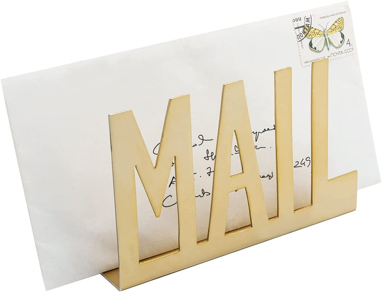 Gold Tone Metal Mail Holder, Desktop Letter Sorter with MAIL Cutout Design-MyGift