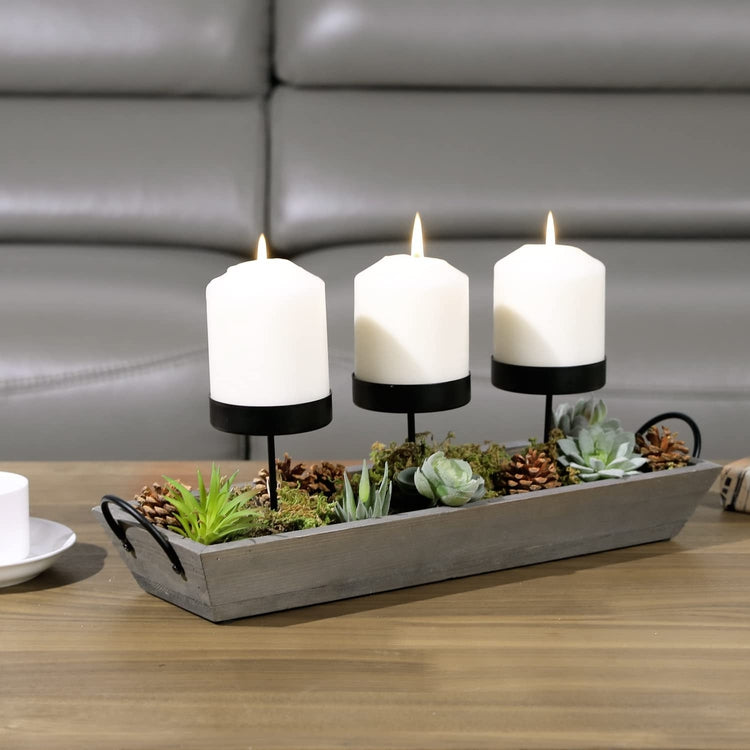 Tabletop Display Candle Holder Centerpiece with Black Metal Pillar Pedestals and Decorative Gray Wood Tray Base-MyGift